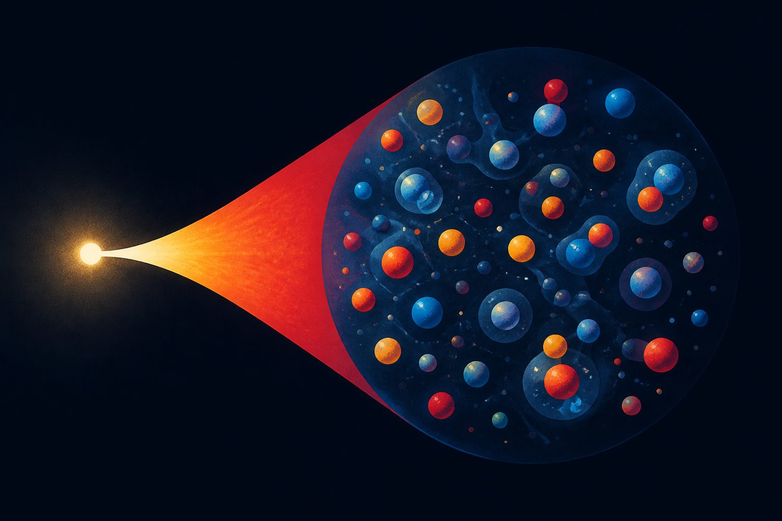 Abstract editorial illustration accompanying the article: Physicists refine the map of matter just after the Big Bang