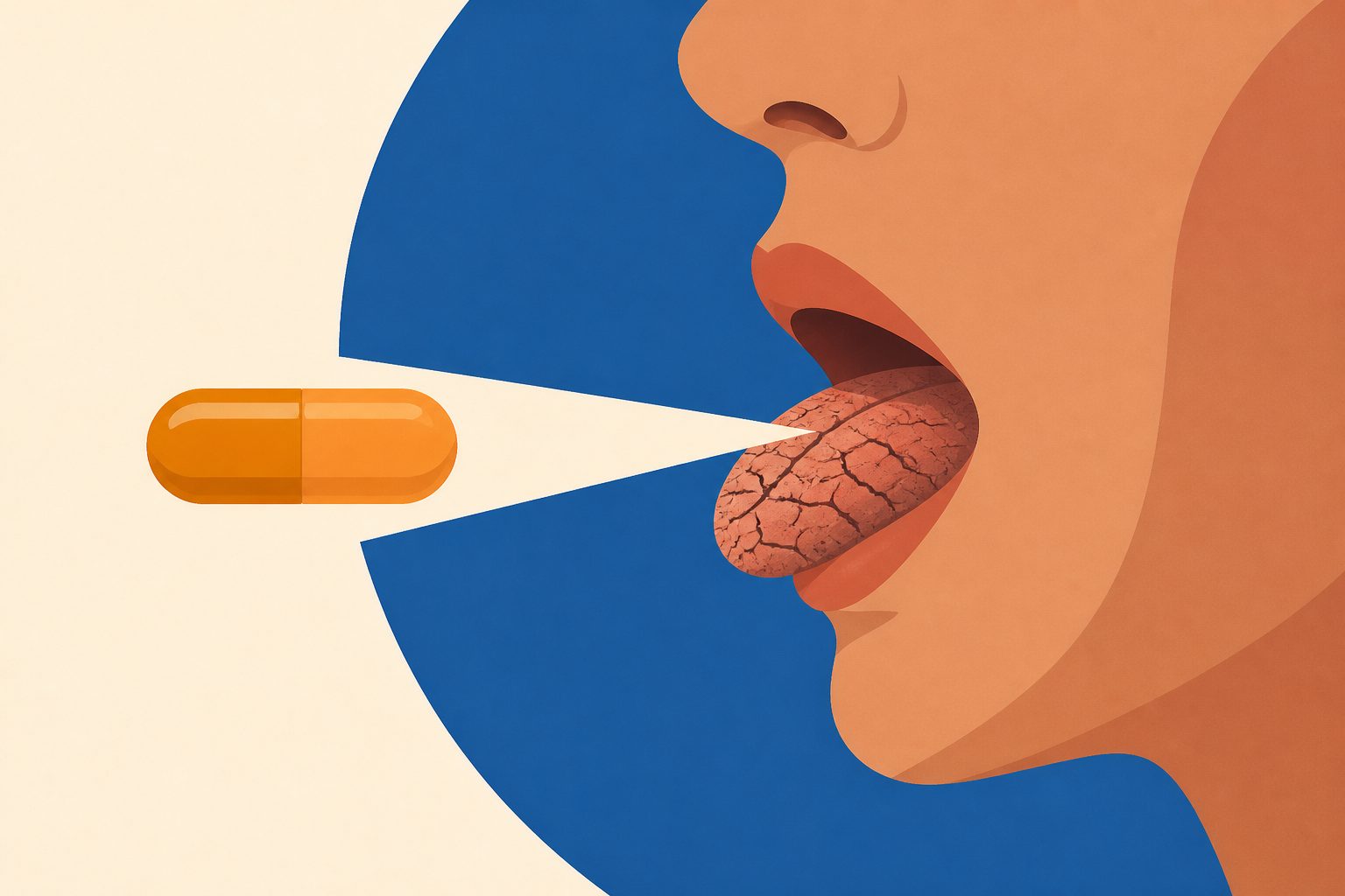 Abstract editorial illustration accompanying the article: Review links isotretinoin with temporary dry mouth and other oral changes