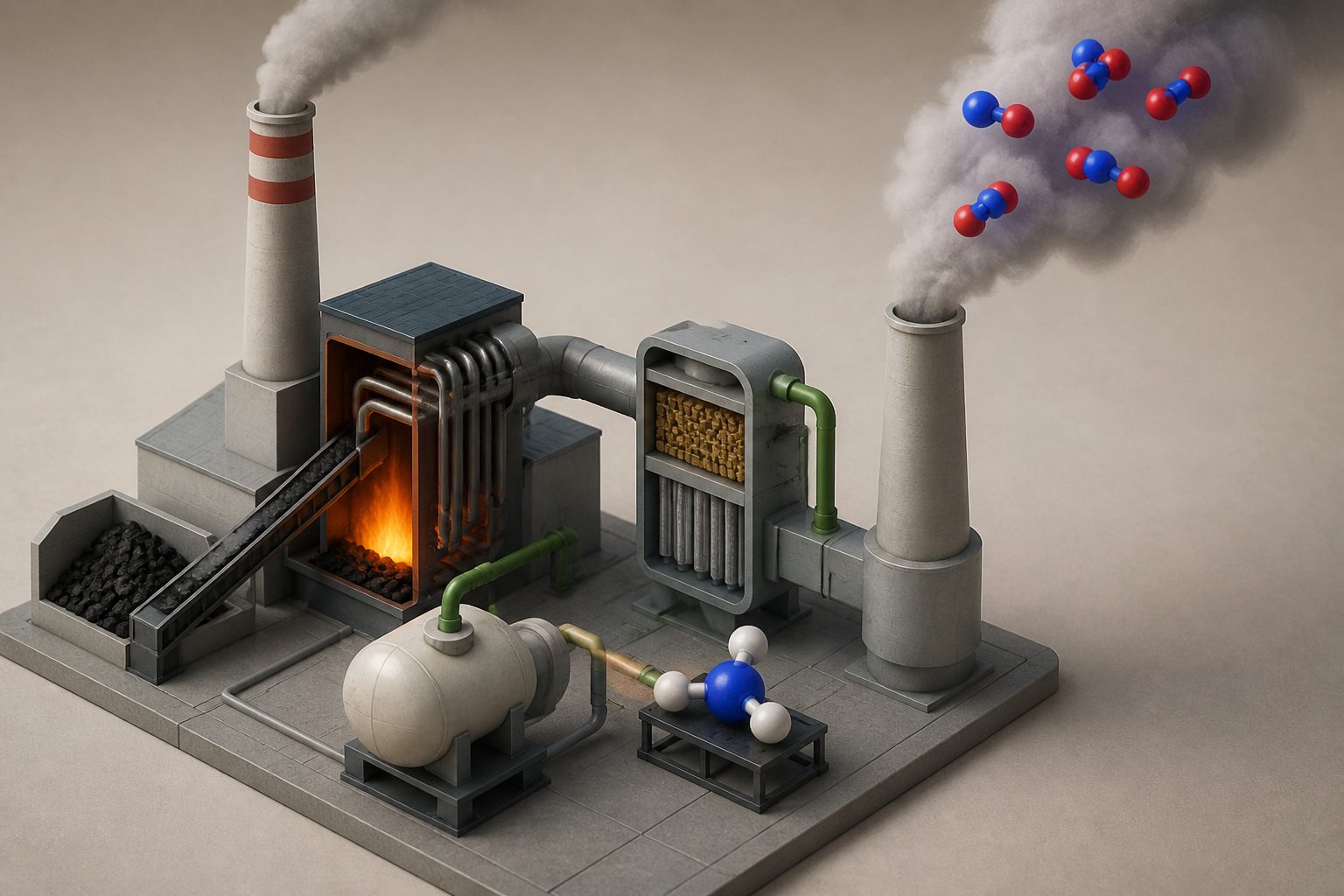 Abstract editorial illustration accompanying the article: Ammonia could cut coal-power emissions, but nitrogen oxides remain a hurdle