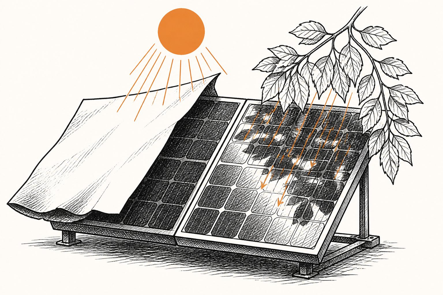 Abstract editorial illustration accompanying the article: Paper shading cut solar-panel output more than leaves in Uganda test