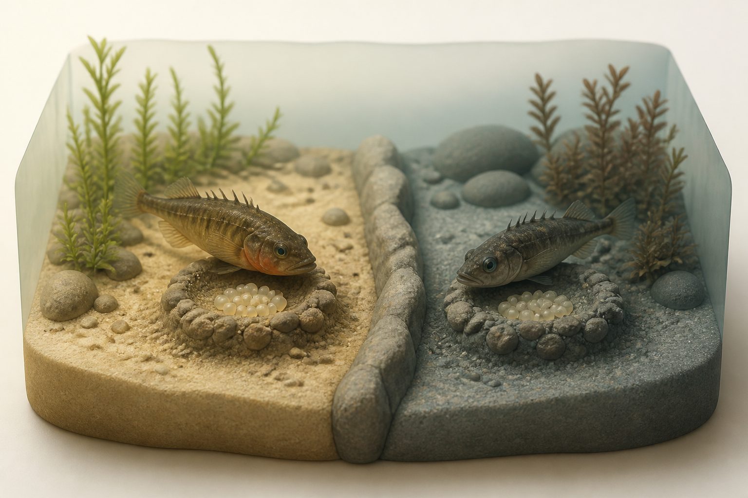 Abstract editorial illustration accompanying the article: Stickleback fathers’ behavior may help keep distinct types apart