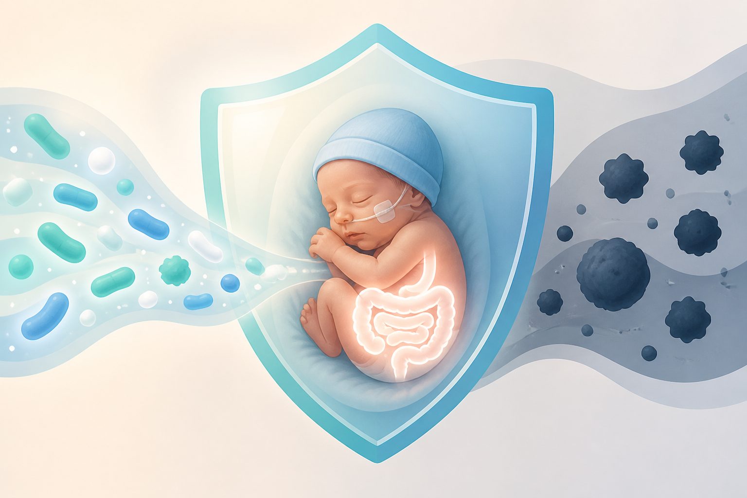 Abstract editorial illustration accompanying the article: Study links probiotics with lower death and bowel disease risk in very preterm infants