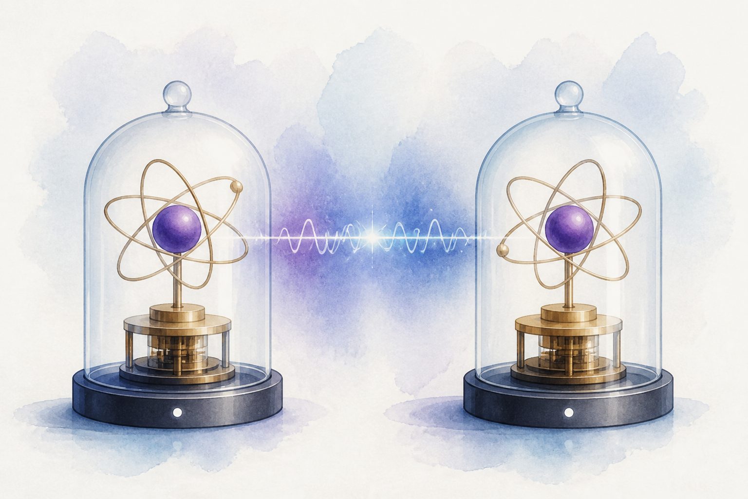 Abstract editorial illustration accompanying the article: Two room-temperature lutetium clocks agree at the 19th decimal place