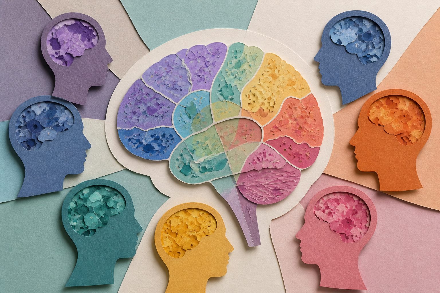 Abstract editorial illustration accompanying the article: A brain atlas maps shared and distinct changes across eight disorders