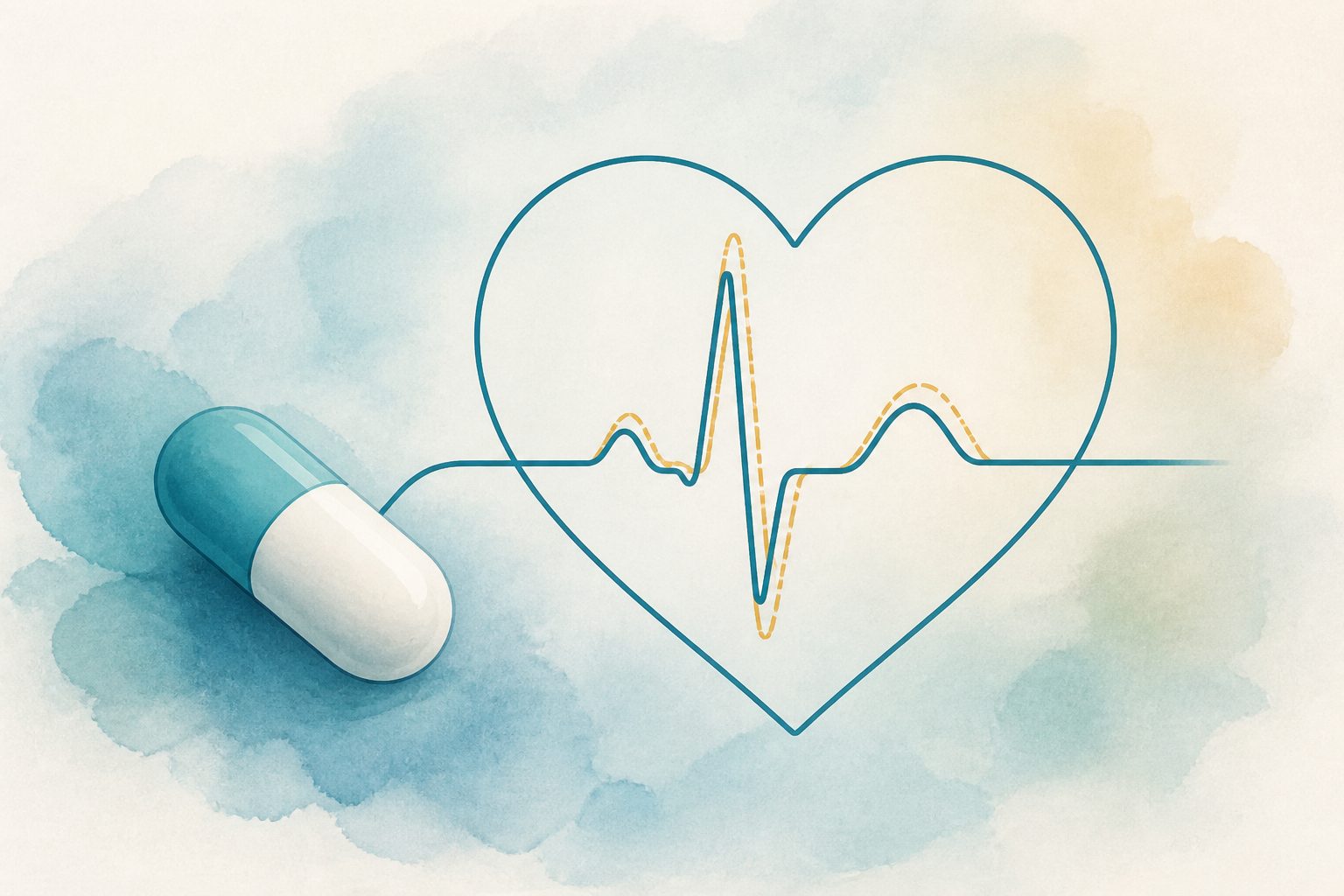 Abstract editorial illustration accompanying the article: New analysis finds small QTc changes with some antidepressants early in treatment