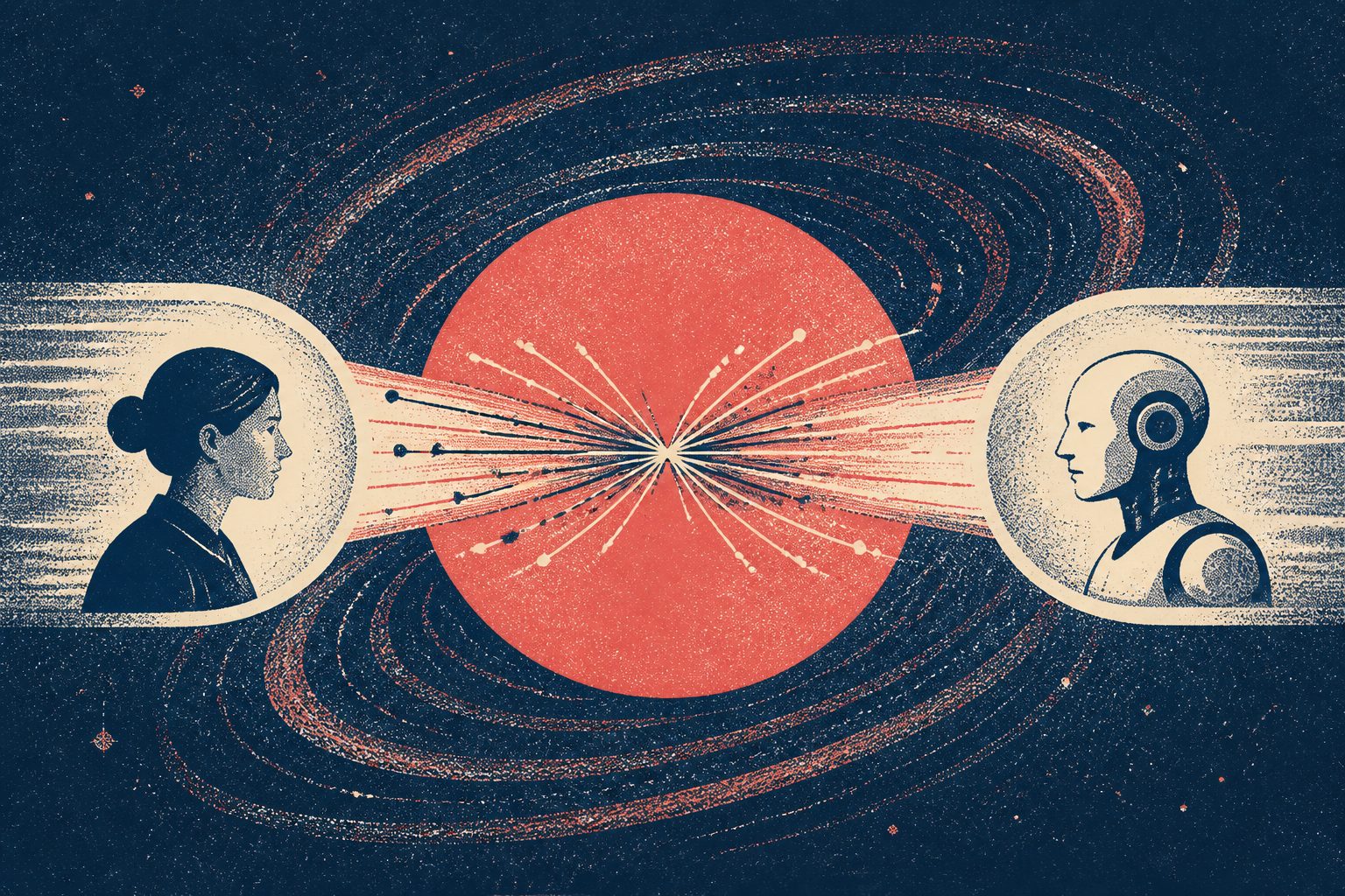 Abstract editorial illustration accompanying the article: AI for particle physics preserves a key rule of relativity at little extra cost