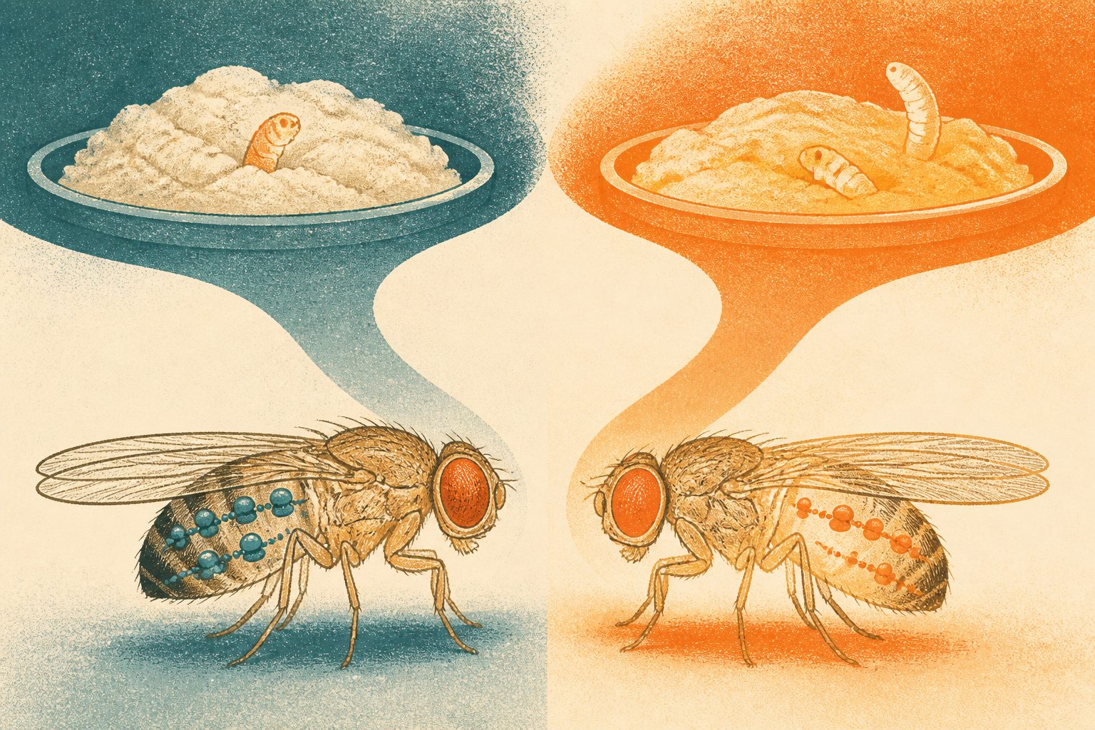 Abstract editorial illustration accompanying the article: A fruit fly’s early diet shapes adult protein-making and lifespan