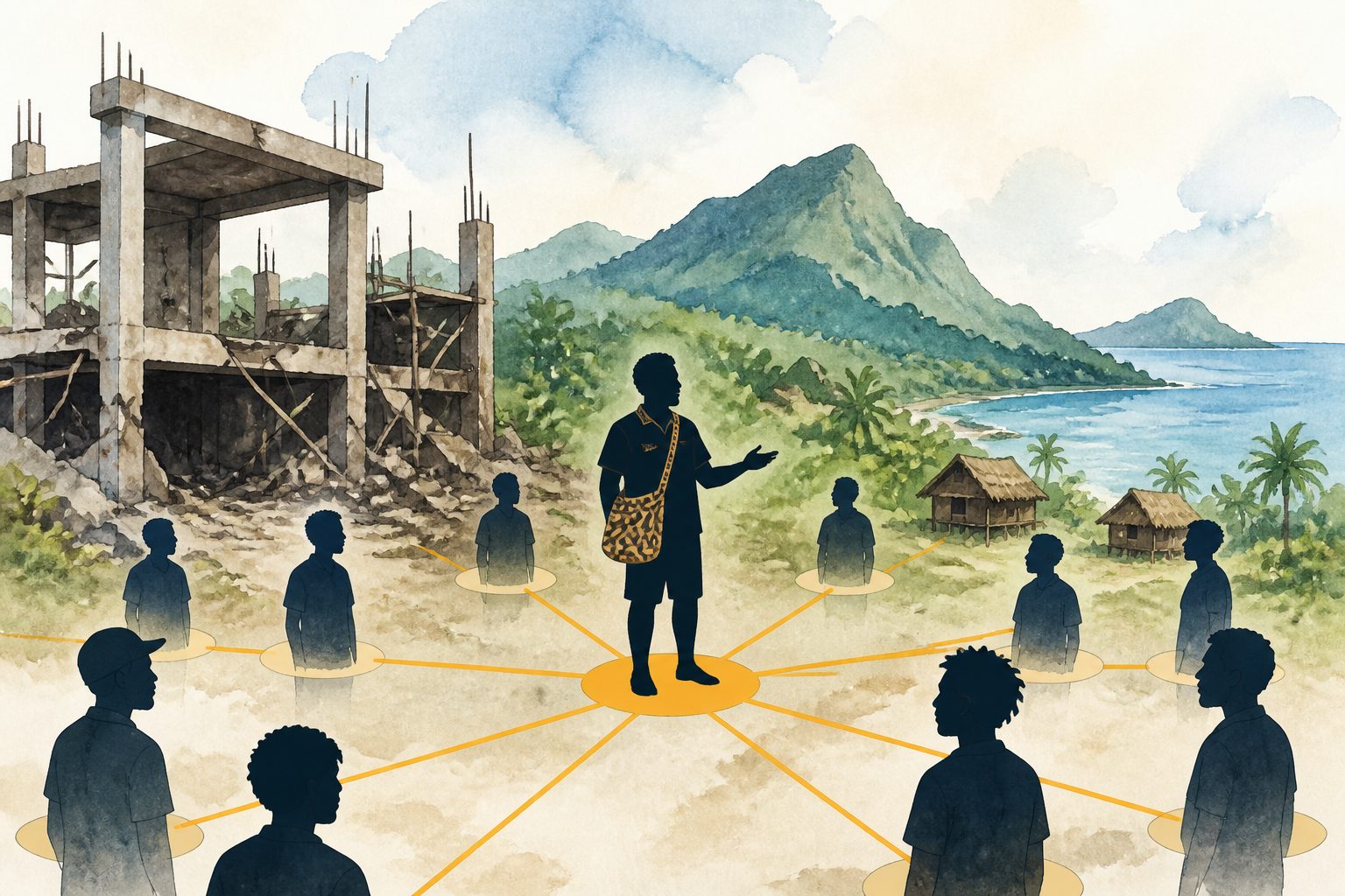 Abstract editorial illustration accompanying the article: When development projects fail, more brokers emerge in remote Papua New Guinea