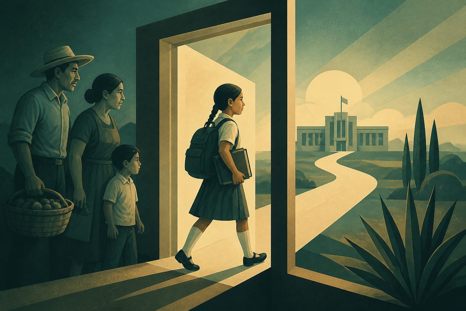 Abstract editorial illustration accompanying the article: Mexico’s longer school requirement changed family life and children’s schooling