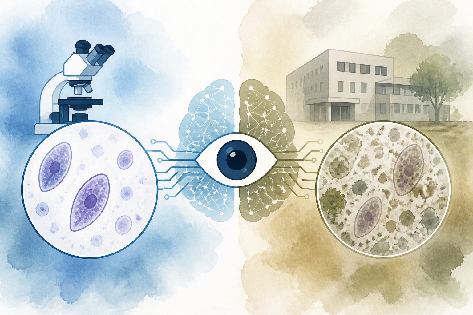 Abstract editorial illustration accompanying the article: AI can spot gut parasites in controlled images—but struggles beyond one institution