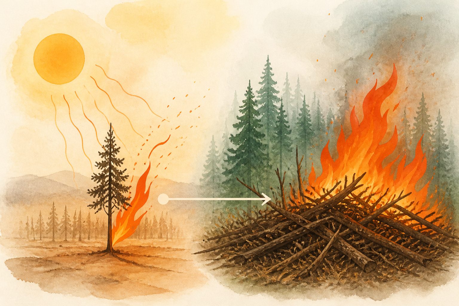 Abstract editorial illustration accompanying the article: Ancient warming intensified wildfires, but later fires were driven by fuel