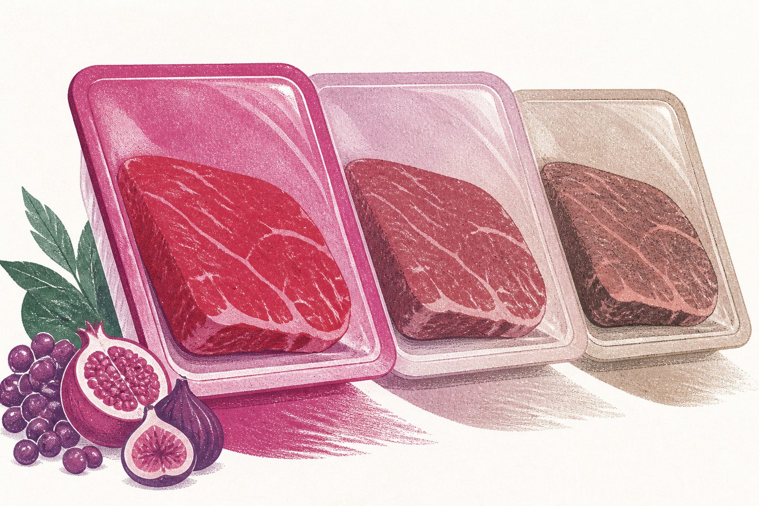 Abstract editorial illustration accompanying the article: Fruit-based packaging changed color as refrigerated beef freshness declined
