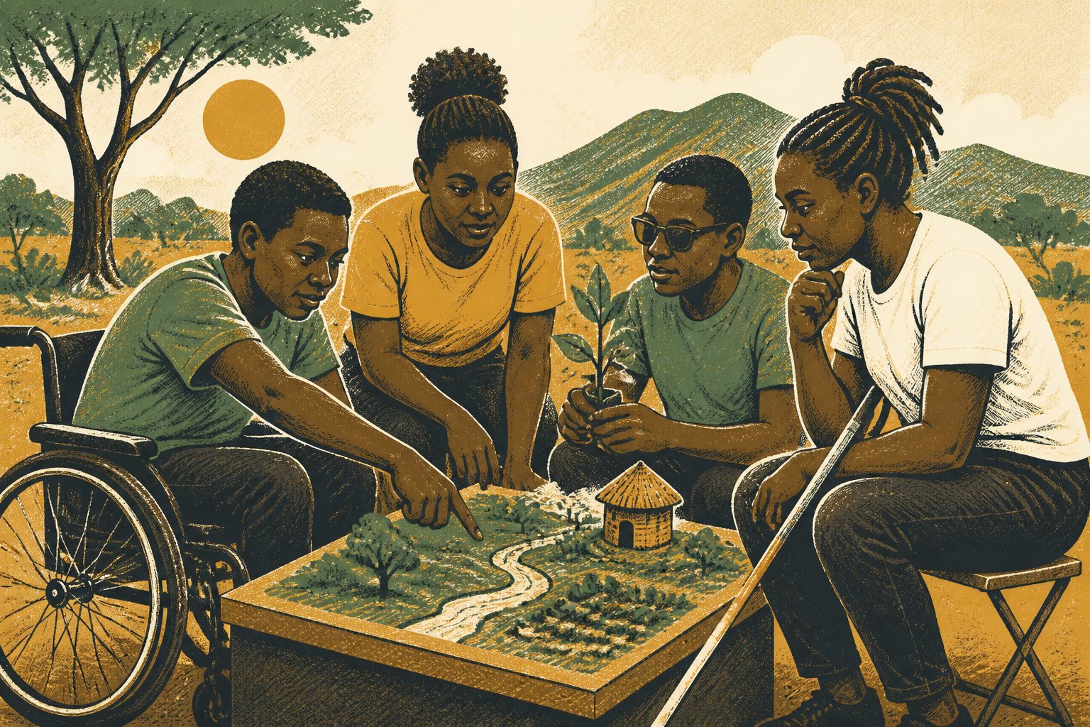 Abstract editorial illustration accompanying the article: In Zimbabwe, young people with disabilities help shape climate adaptation