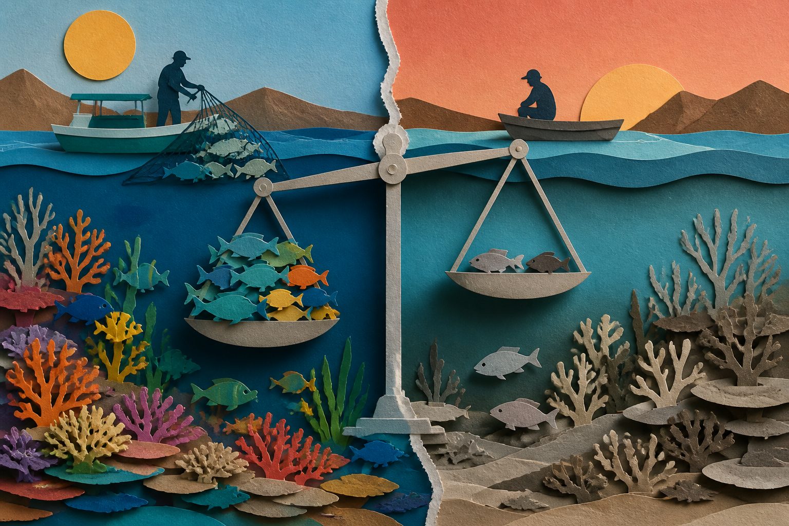 Abstract editorial illustration accompanying the article: After a heatwave, Baja California reefs support fish and people unequally