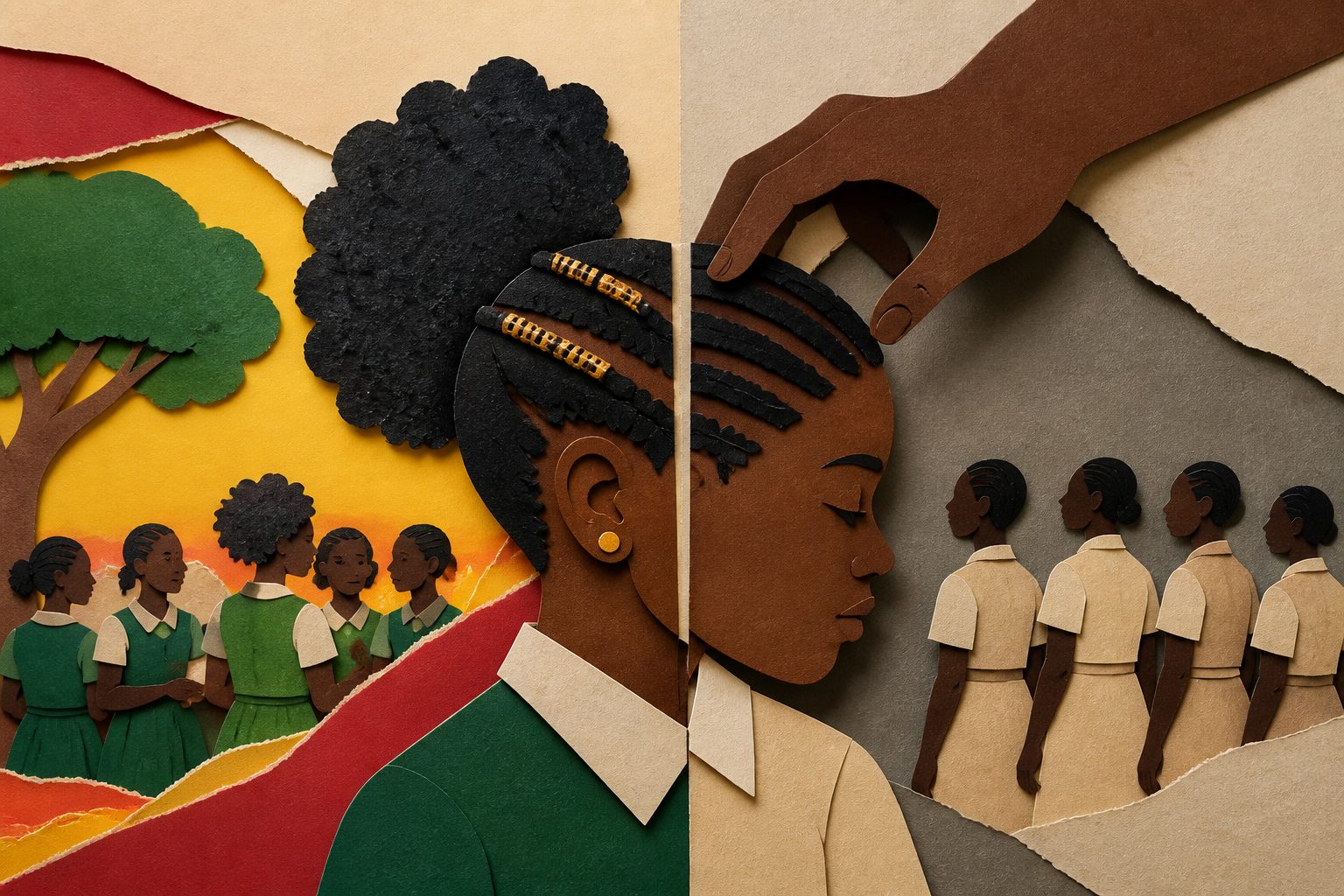 Abstract editorial illustration accompanying the article: In Ghanaian schools, hairstyle rules shape identity and belonging