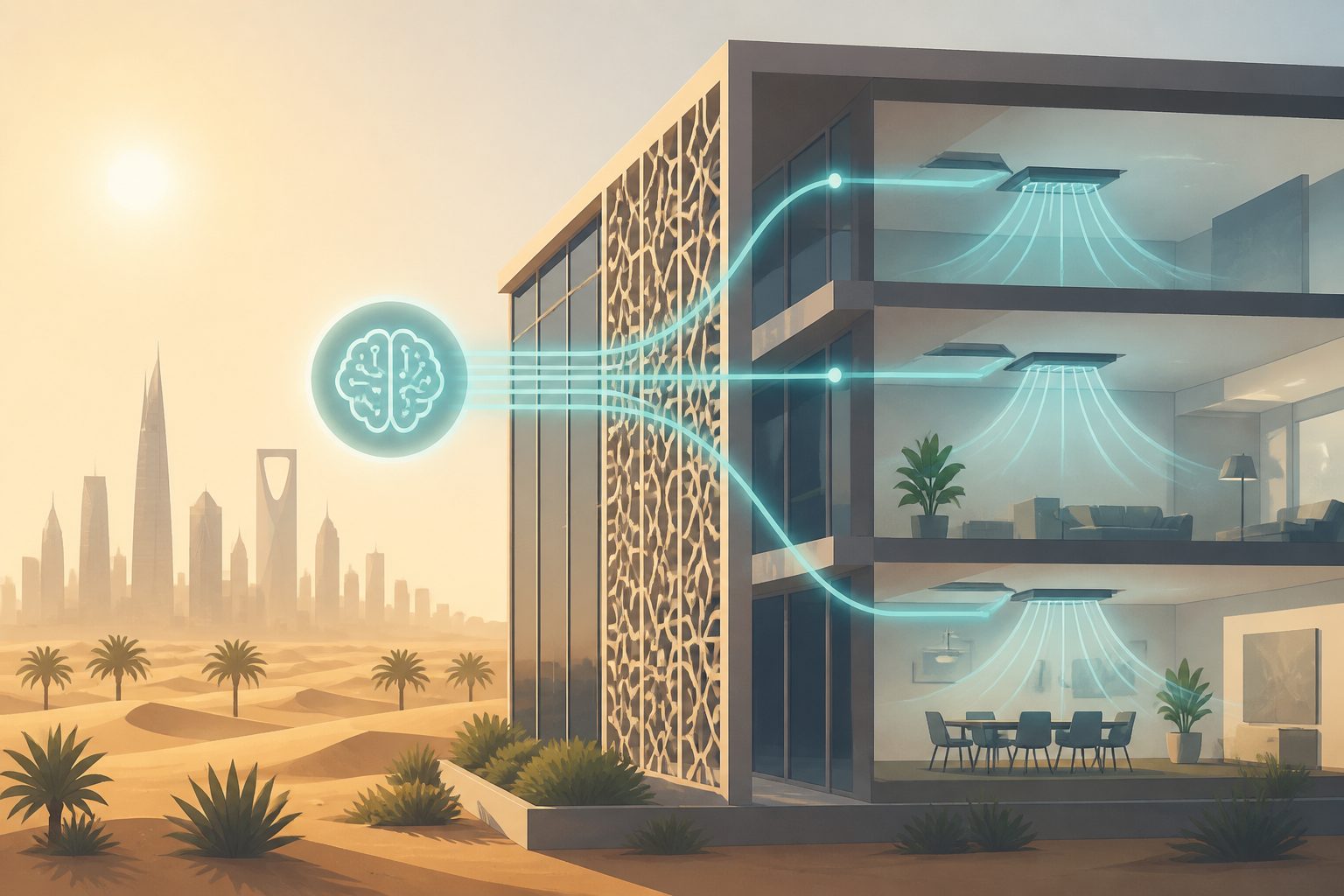 Abstract editorial illustration accompanying the article: In Saudi Arabia, AI-guided building controls cut electricity use in desert heat