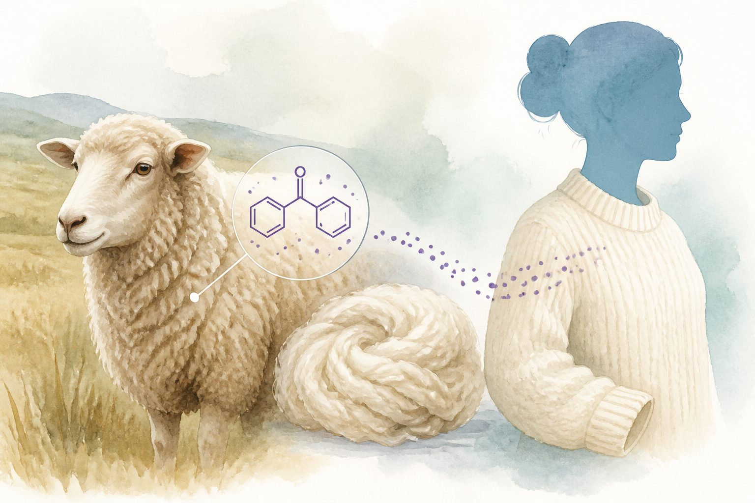 Abstract editorial illustration accompanying the article: Sheep wool carried benzophenones that may reach people through wool products