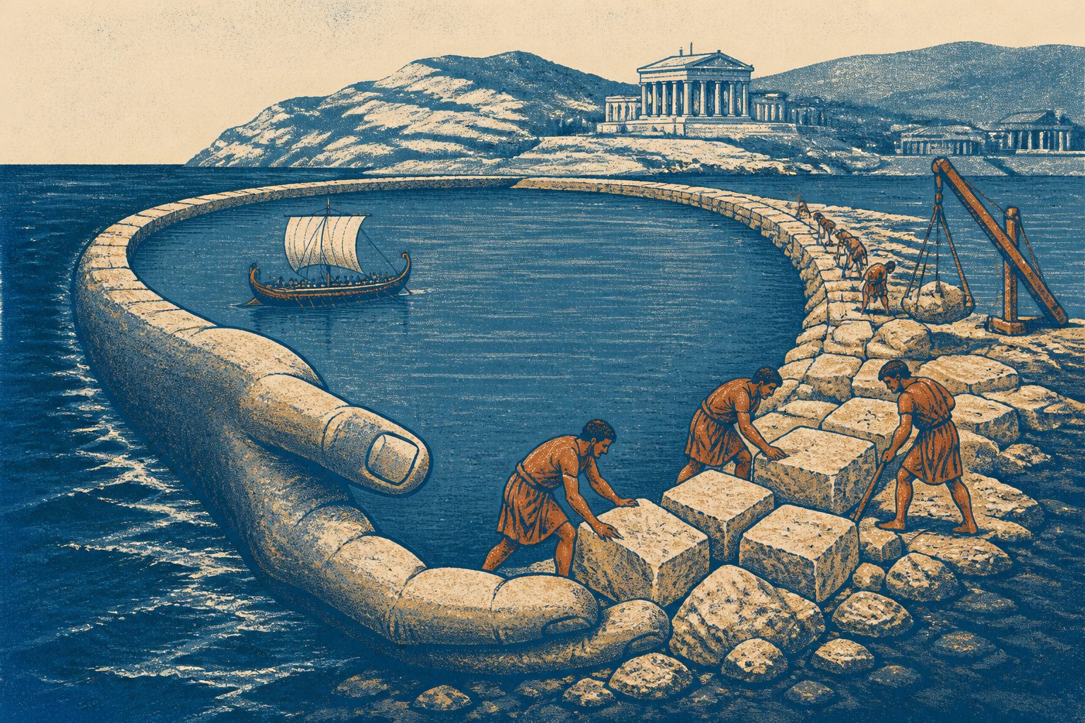 Abstract editorial illustration accompanying the article: How Greek engineers shaped Apollonia into Cyrene’s harbor