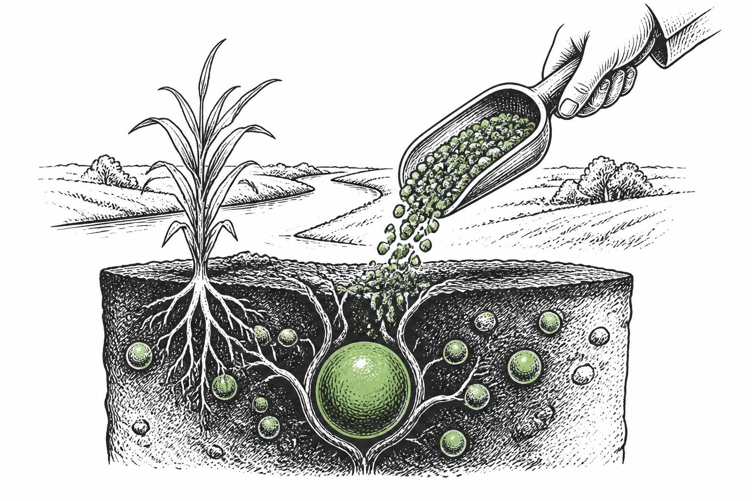 Abstract editorial illustration accompanying the article: Farm lime absorbed more carbon than it released in the Mississippi basin