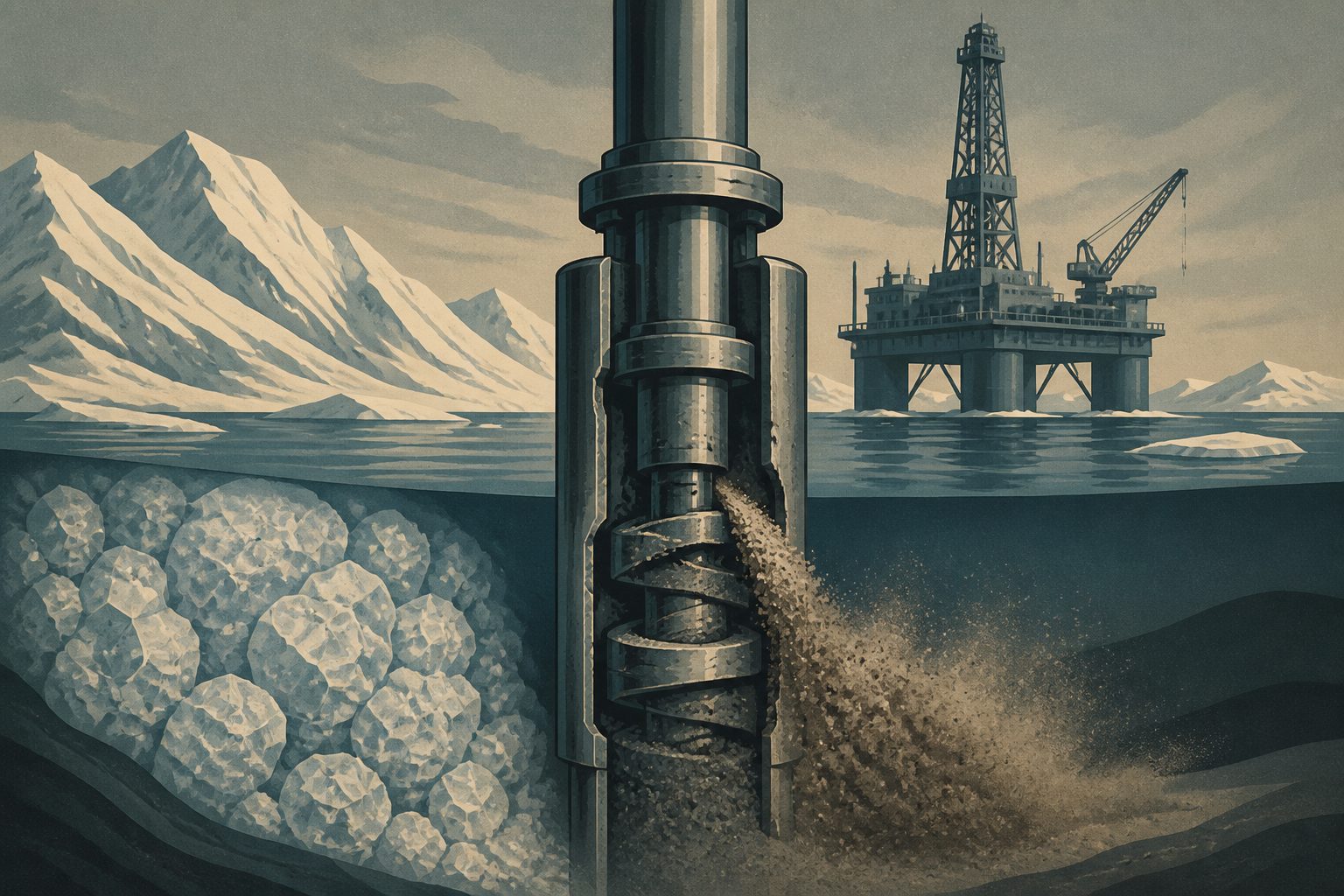 Abstract editorial illustration accompanying the article: Alaska gas-hydrate test exposes failures in pumps and sand control