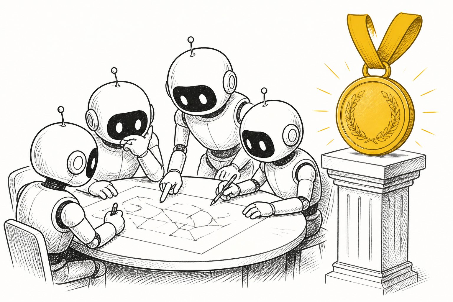Abstract editorial illustration accompanying the article: An AI system matched gold-medal-level performance on 2025 math olympiad problems