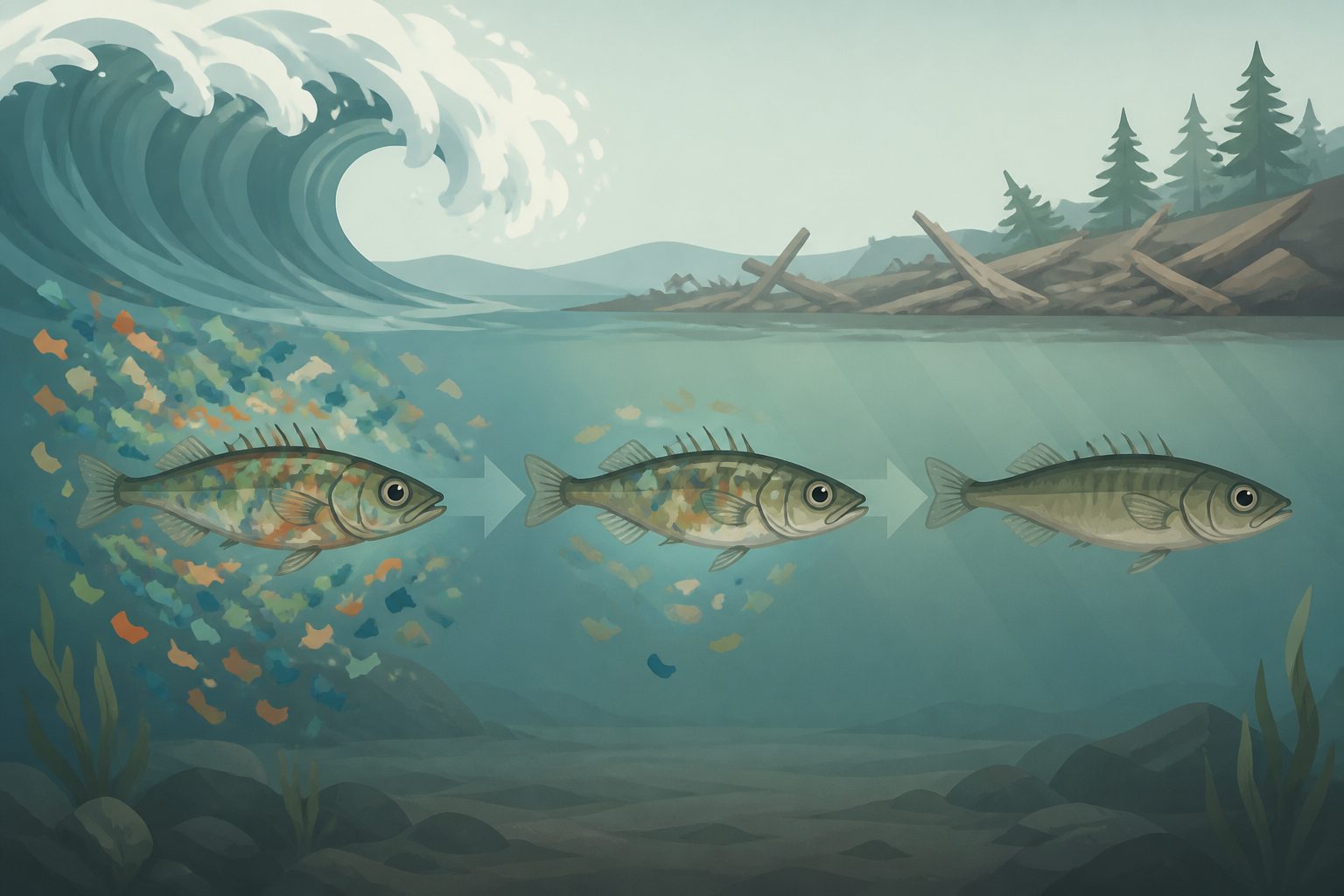 Abstract editorial illustration accompanying the article: After a tsunami, stickleback hybrids quickly lost much of their foreign DNA