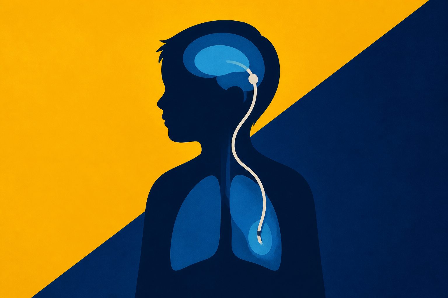 Abstract editorial illustration accompanying the article: A child’s hydrocephalus shunt migrated into the chest, causing recurring lung collapse