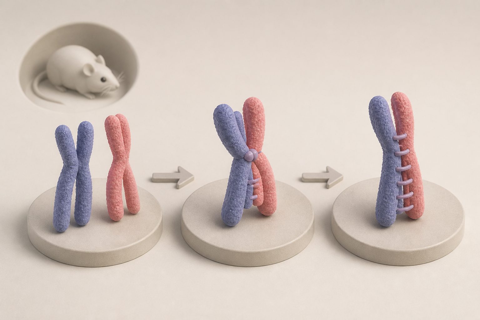 Abstract editorial illustration accompanying the article: Mouse chromosomes pair in three stages as reproductive cells form