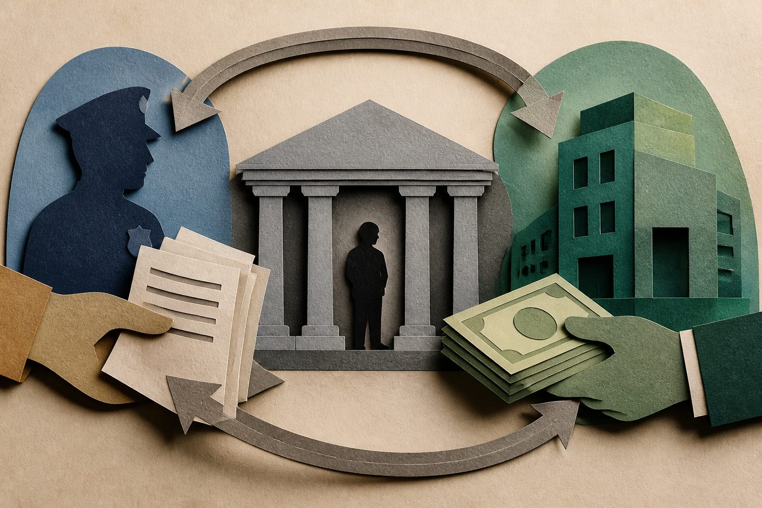 Abstract editorial illustration accompanying the article: A new framework links criminal justice to fines, fees and private profit