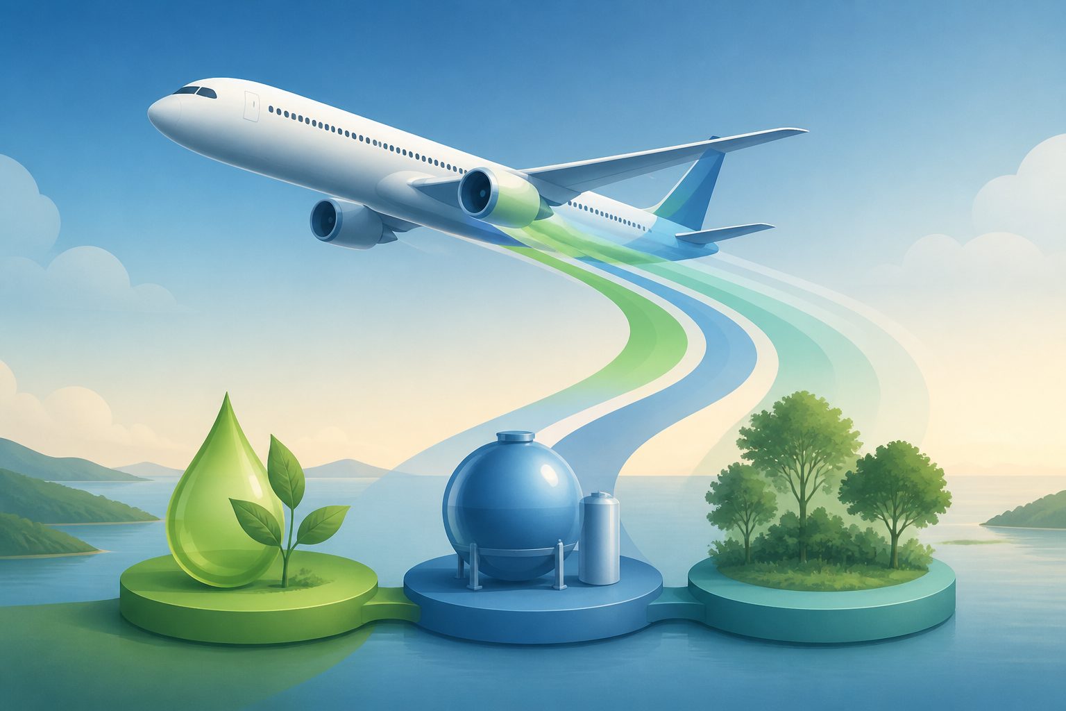 Abstract editorial illustration accompanying the article: Cleaner fuels, hydrogen and offsets together could cut aviation emissions further