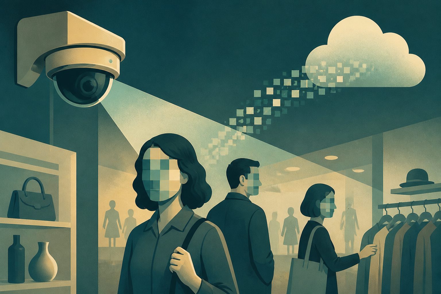 Abstract editorial illustration accompanying the article: A store camera system masks faces before sending data to the cloud