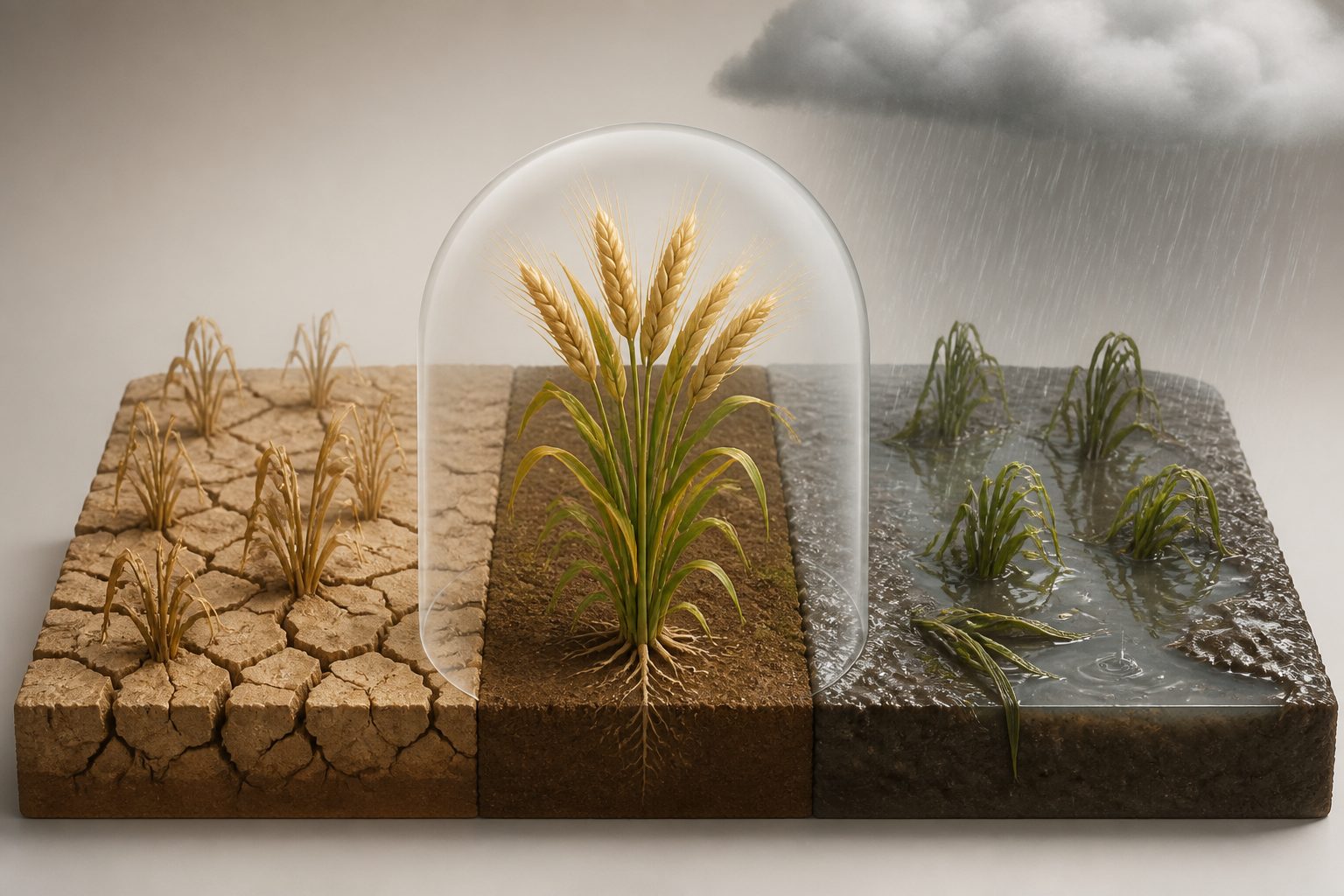 Abstract editorial illustration accompanying the article: Hybrid winter barley had fewer very low yields in drought and heavy rain