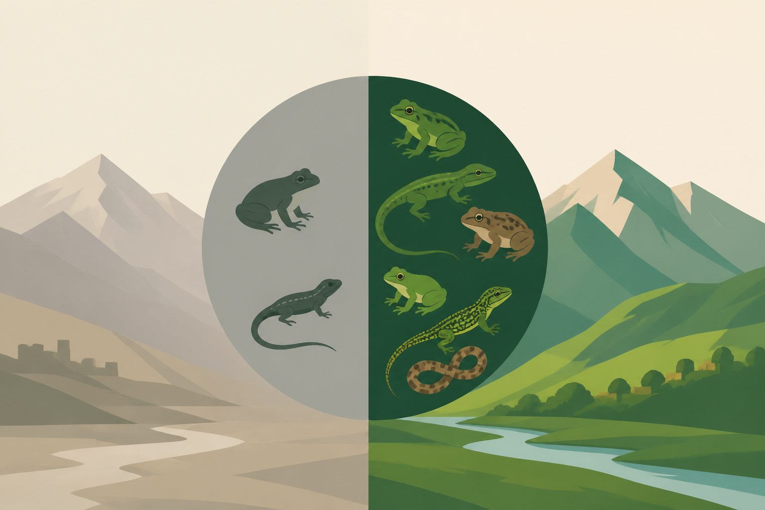 Abstract editorial illustration accompanying the article: Survey finds twice as many amphibian and reptile species in Takhar