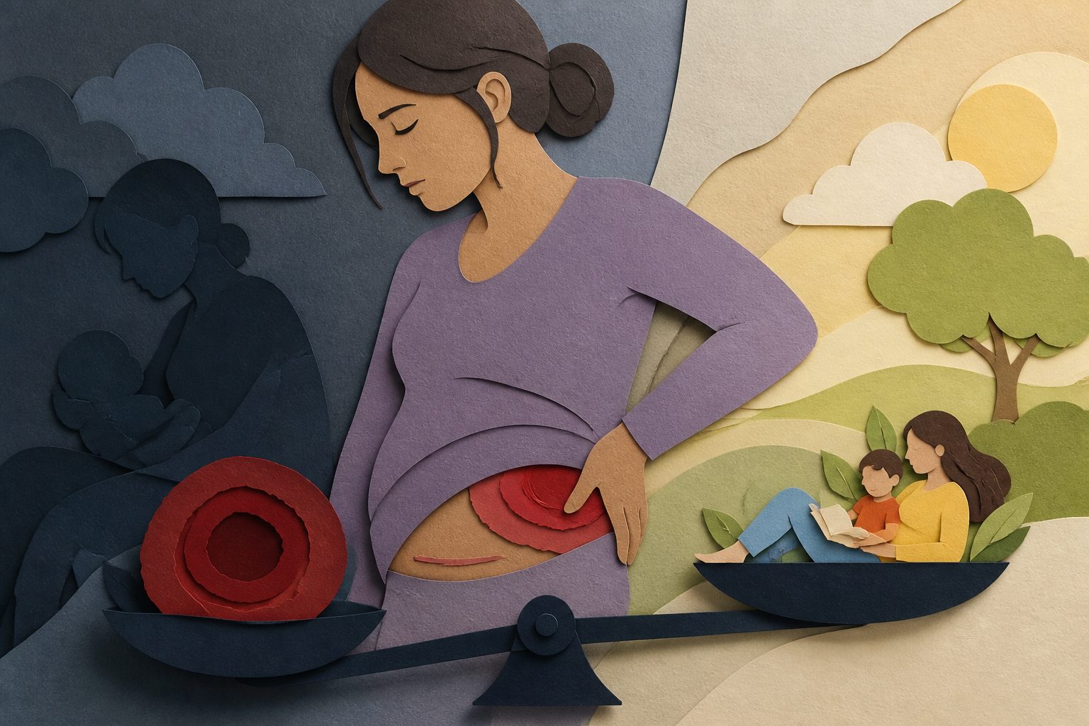 Abstract editorial illustration accompanying the article: Review links lasting pain after caesarean delivery with lower quality of life