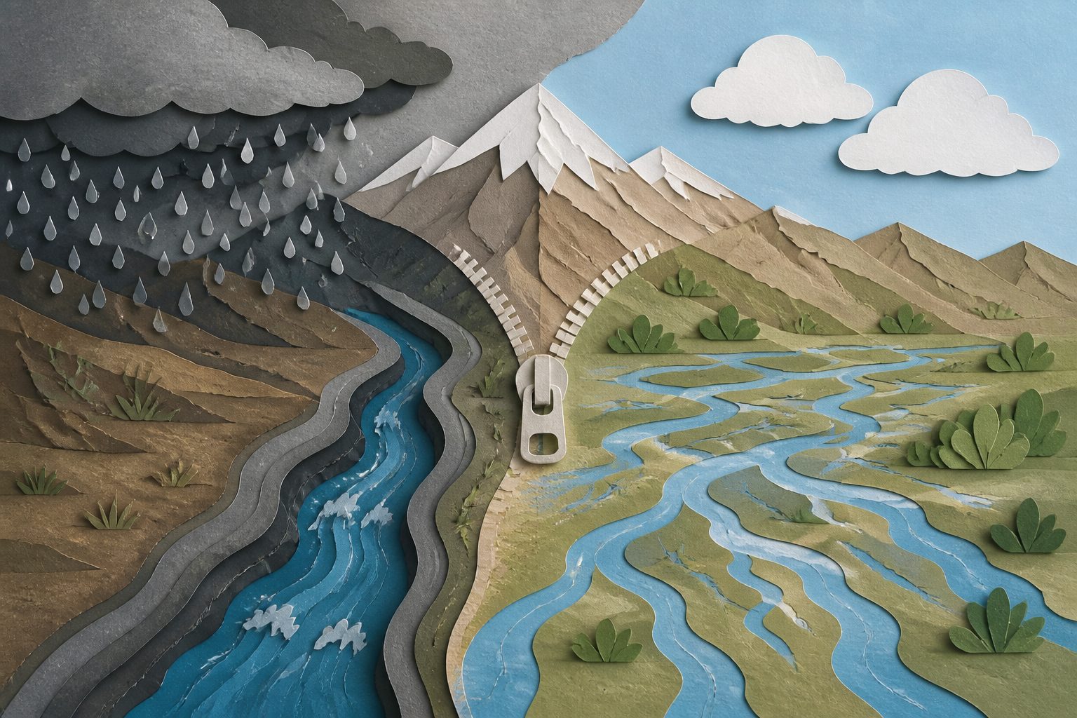 Abstract editorial illustration accompanying the article: In an Iranian mountain watershed, river flow grew more seasonal as precipitation spread out