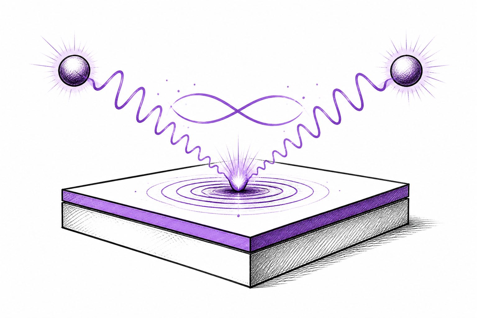 Abstract editorial illustration accompanying the article: A thin ScAlN/GaN structure could produce entangled telecom photons