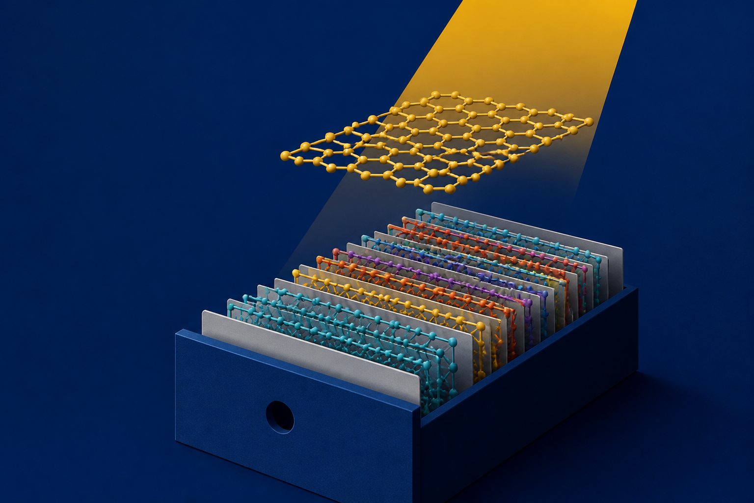 Abstract editorial illustration accompanying the article: Researchers catalog more than 1,900 predicted two-dimensional topological materials
