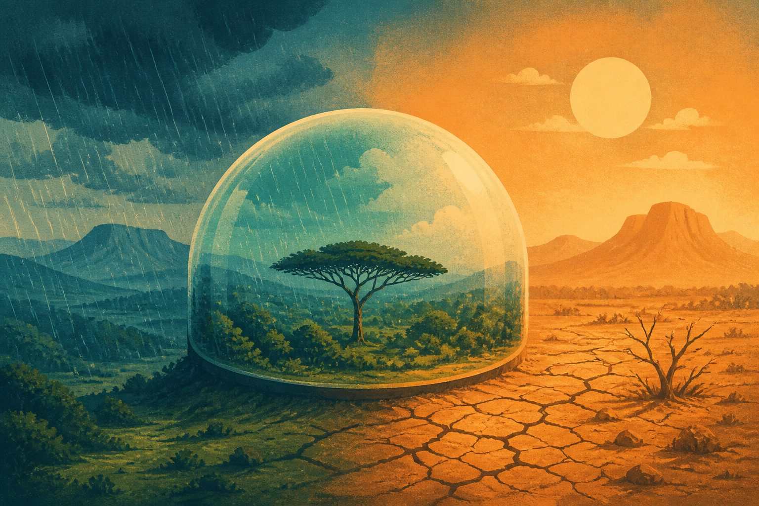 Abstract editorial illustration accompanying the article: Less rain and hotter temperatures projected around Ethiopia’s Maze Park by 2050