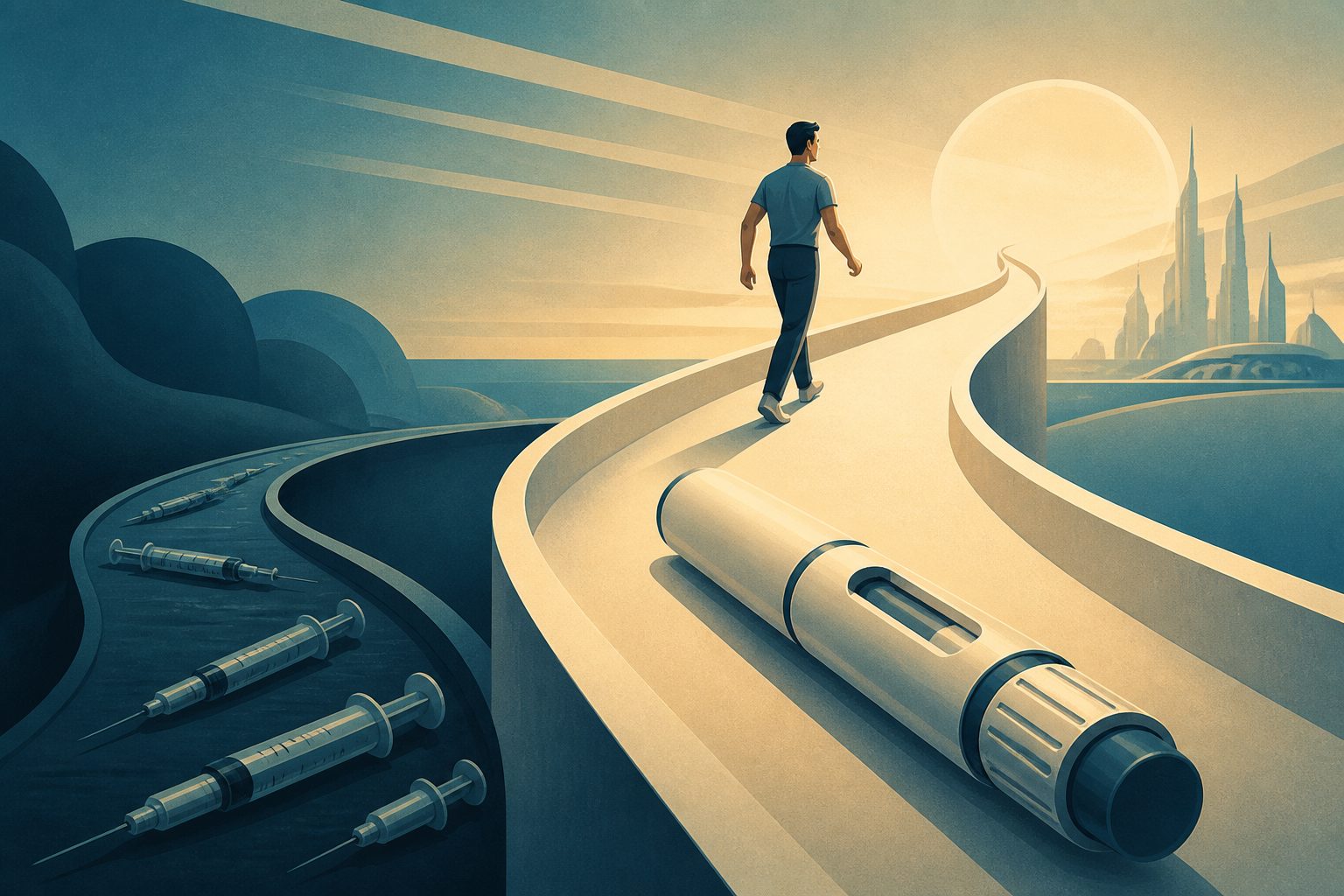 Abstract editorial illustration accompanying the article: Review finds injectable incretin drugs may have advantages over intensified insulin
