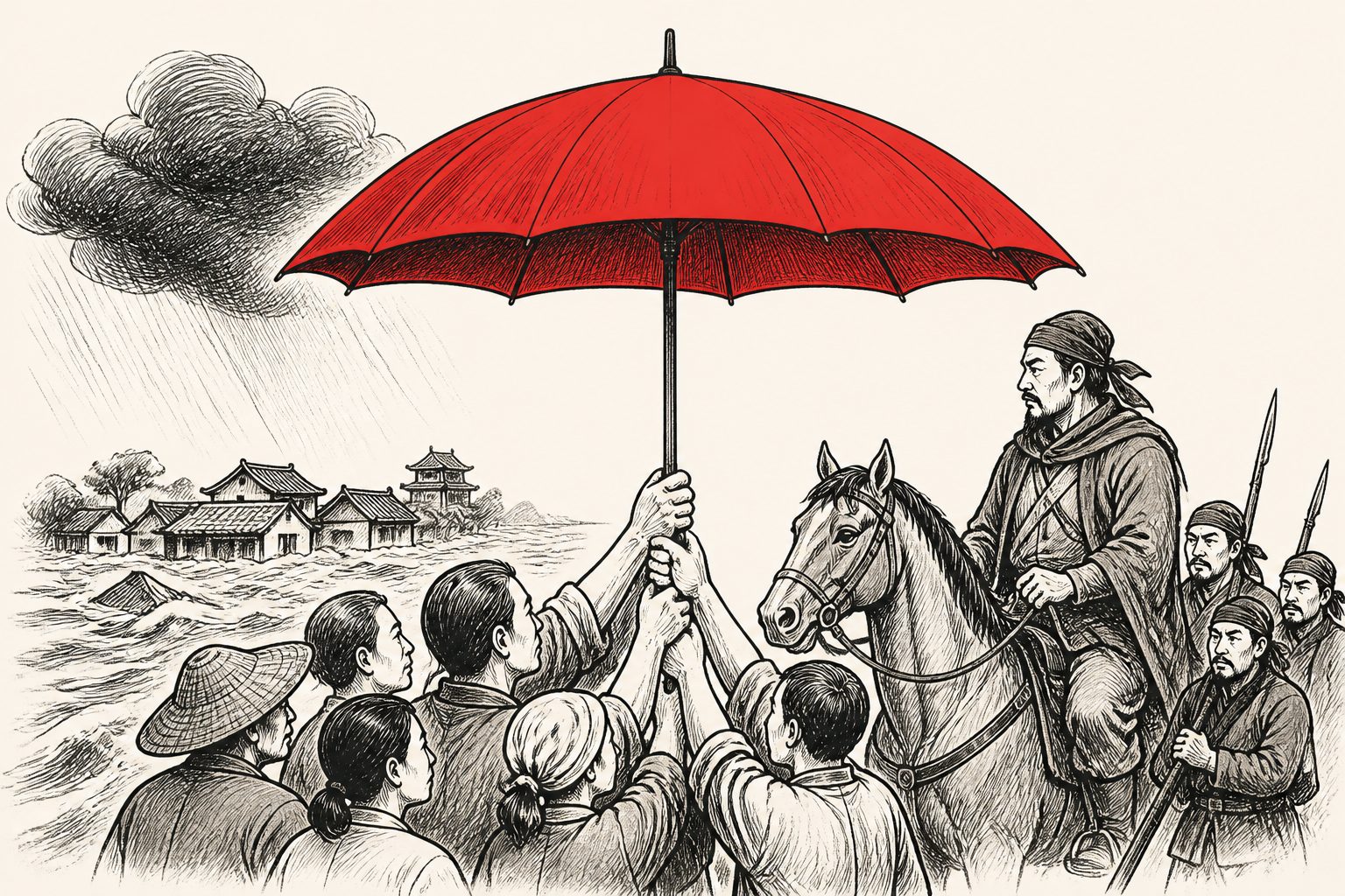 Abstract editorial illustration accompanying the article: A 1922 bandit takeover turned Fuyang’s disaster into a civic challenge to warlords