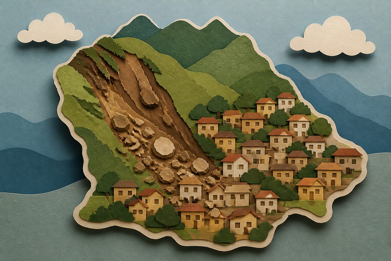 Abstract editorial illustration accompanying the article: Updated map finds landslides and rockfalls in 46 Ocaña neighborhoods