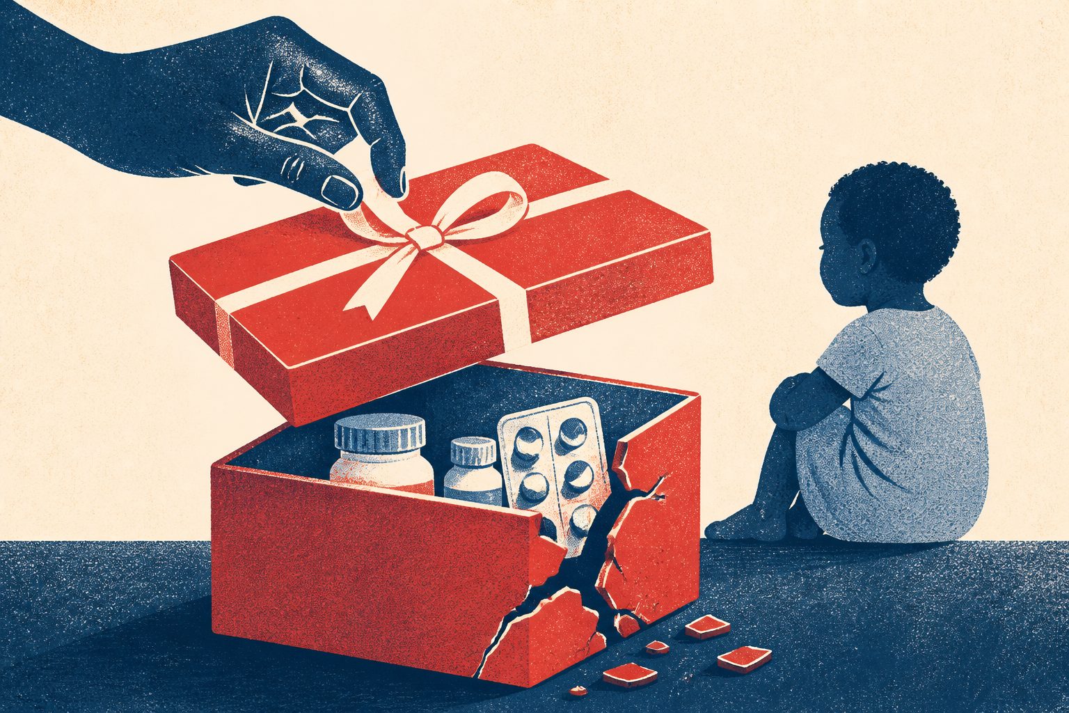 Abstract editorial illustration accompanying the article: Review examines how donor funding disruptions affect children’s HIV care in Africa