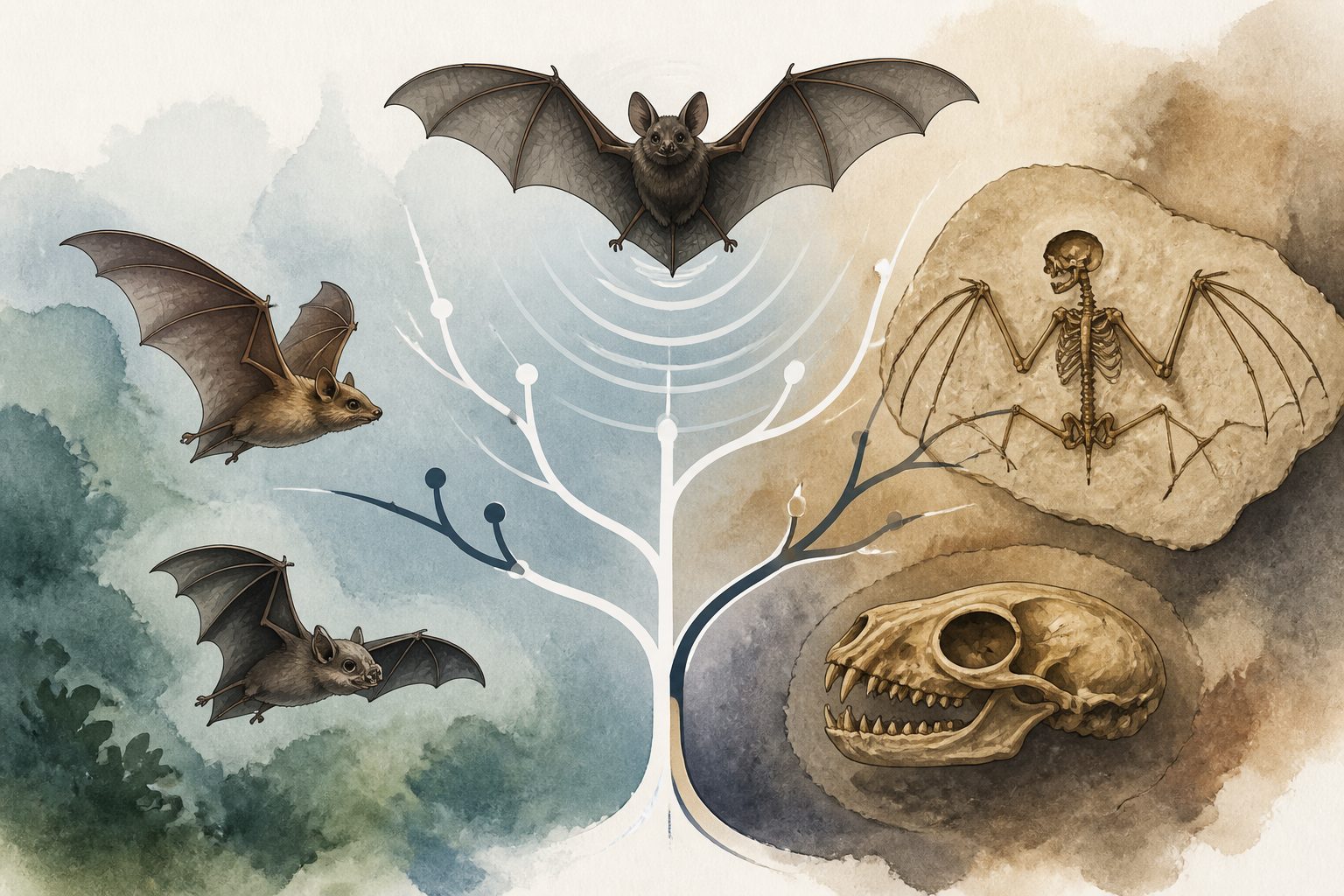 Abstract editorial illustration accompanying the article: Bat genomes and fossils redraw the family tree—and the history of echolocation