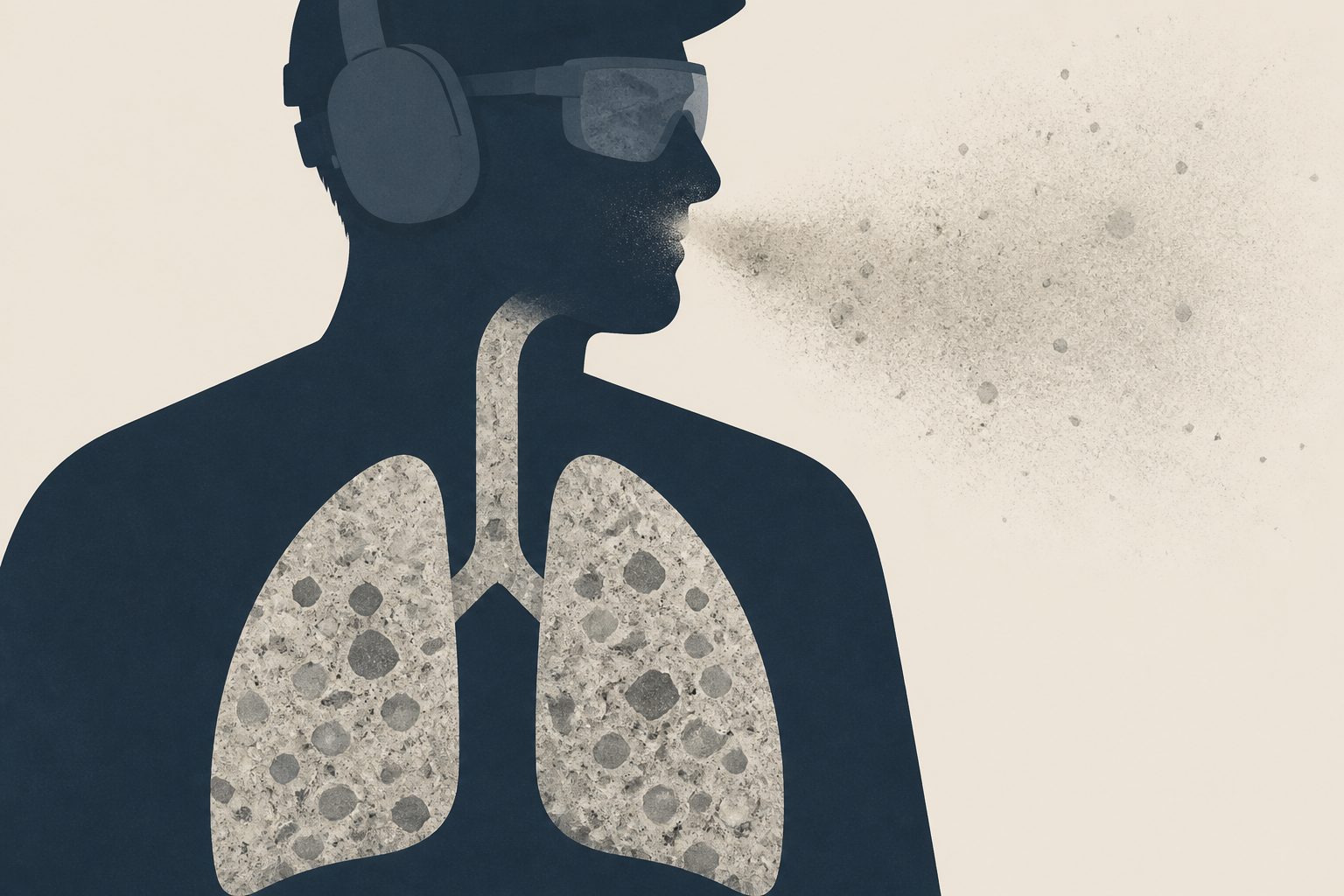 Abstract editorial illustration accompanying the article: Review examines lung disease linked to artificial-stone dust