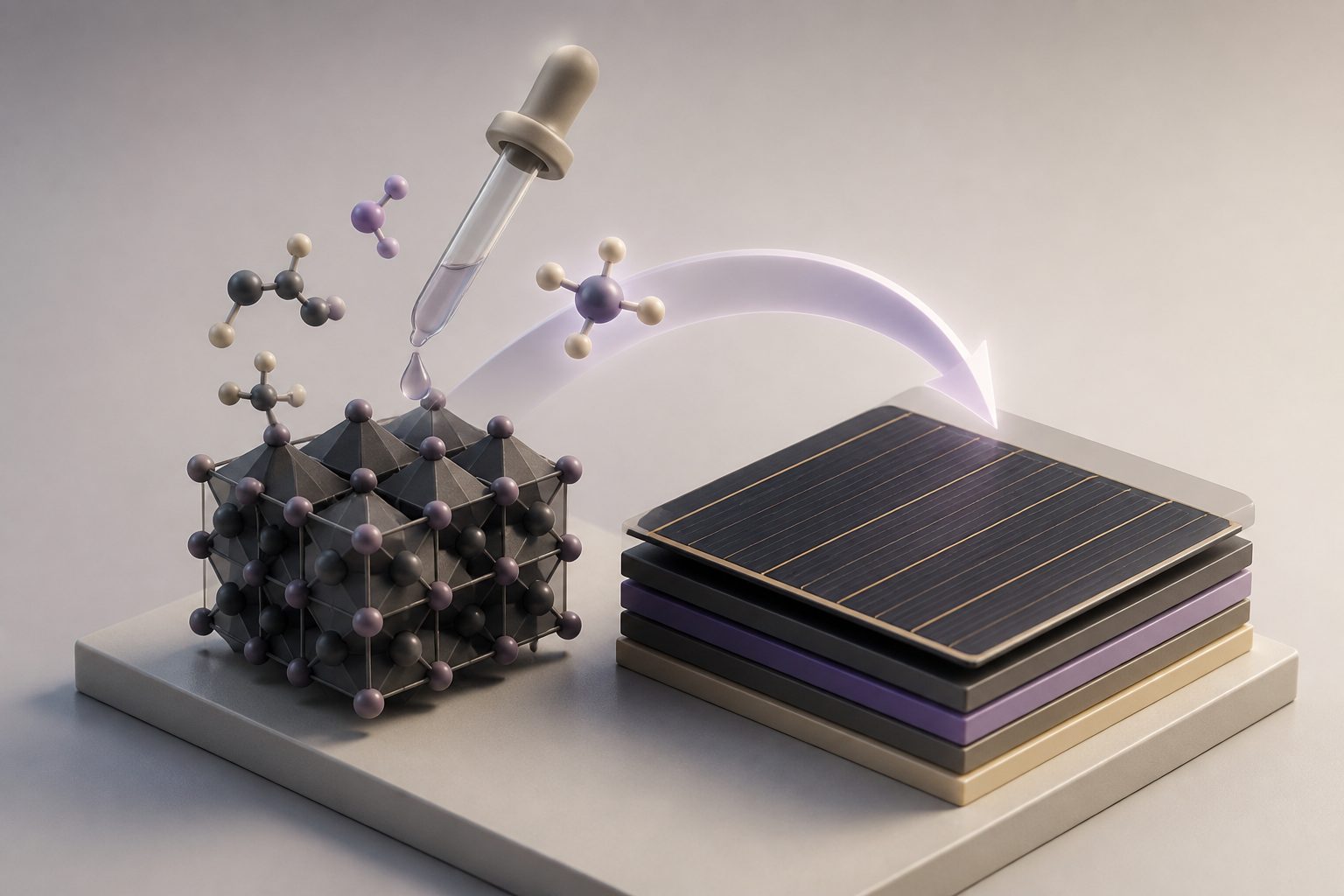Abstract editorial illustration accompanying the article: A chemistry tweak helps perovskite solar cells reach 29.63% efficiency