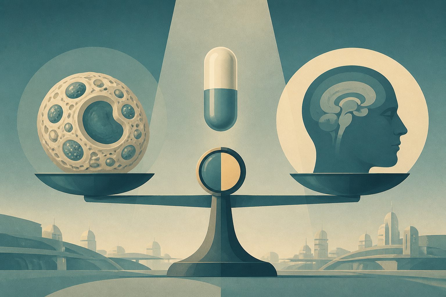 Abstract editorial illustration accompanying the article: Review finds limited evidence for ambroxol in Gaucher and genetic Parkinson disease