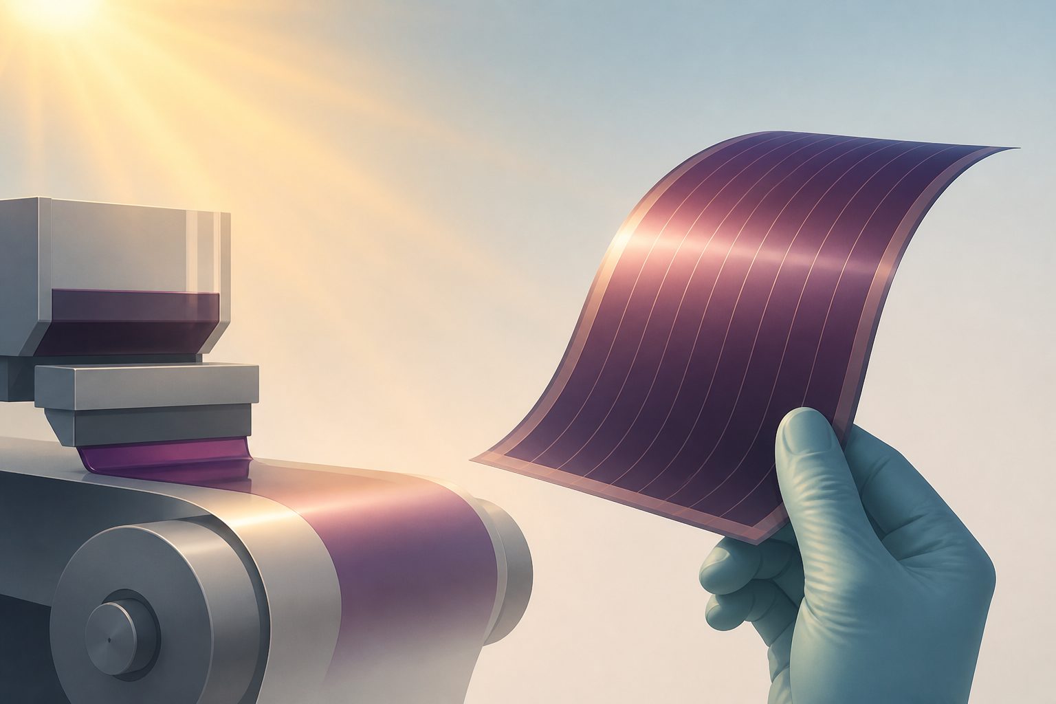 Abstract editorial illustration accompanying the article: An organic solar cell reaches 20% efficiency with simpler solution processing