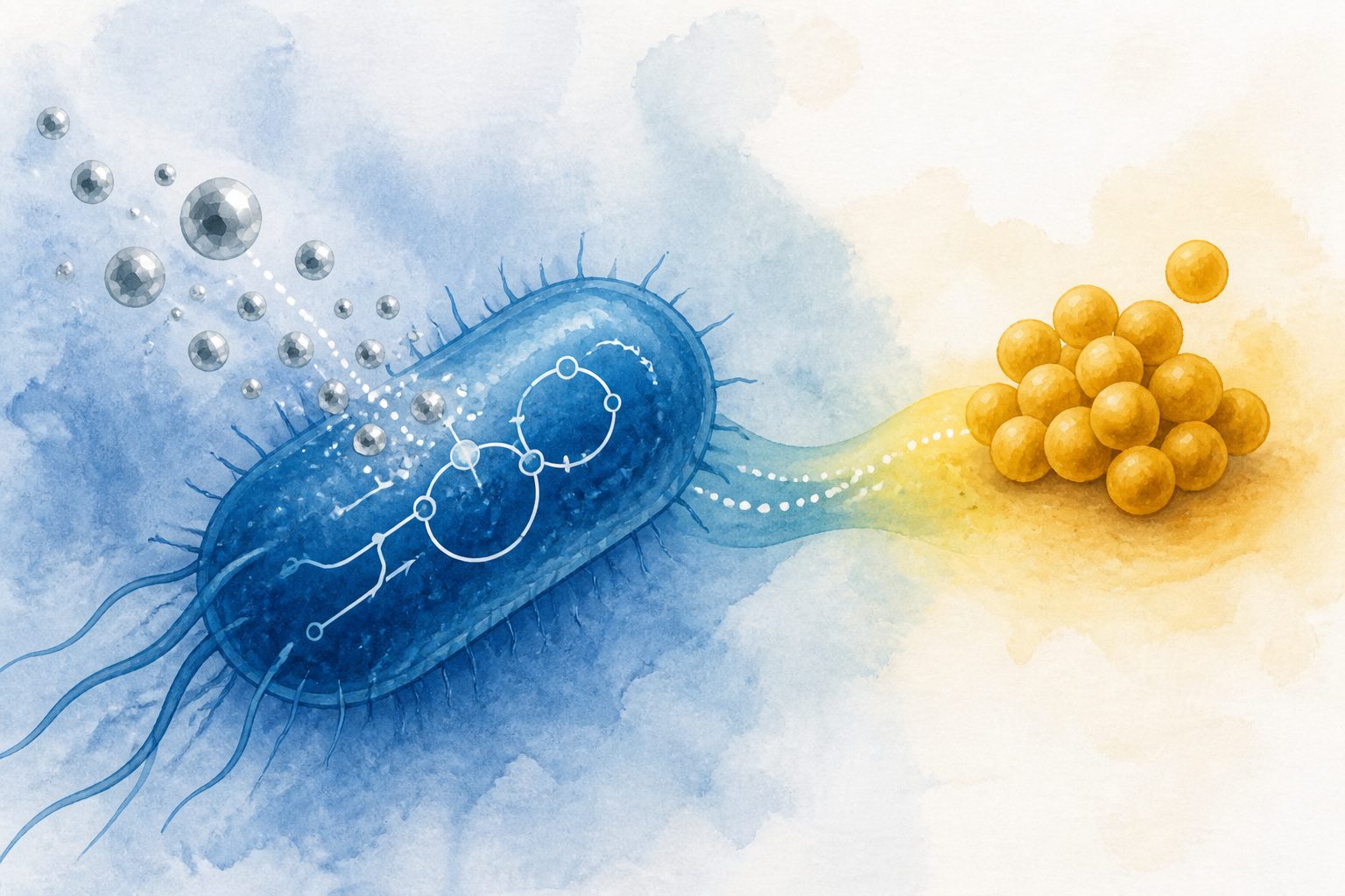 Abstract editorial illustration accompanying the article: Silver nanoparticles helped Staph survive by changing E. coli’s metabolism