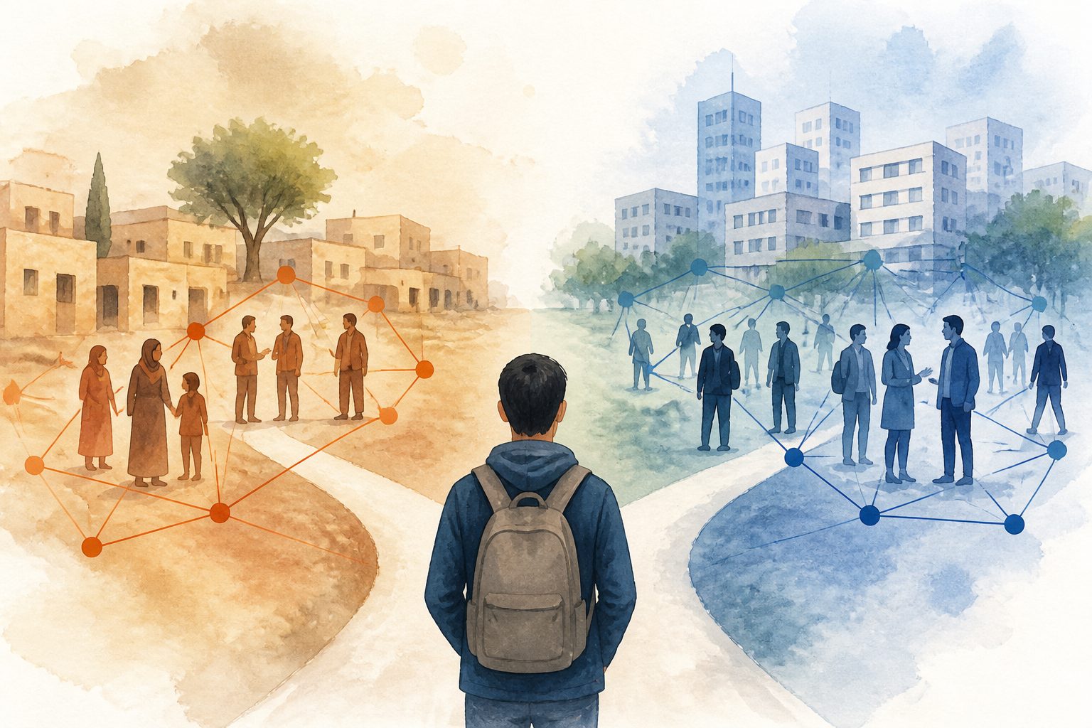 Abstract editorial illustration accompanying the article: Where Syrian refugees settle shapes their social ties for at least five years