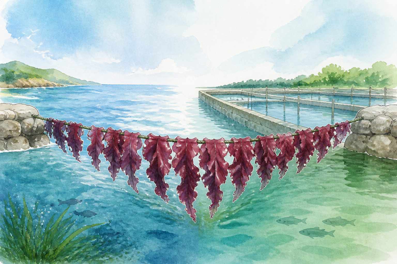 Abstract editorial illustration accompanying the article: Growing Pyropia seaweed improved coastal water and connected aquaculture ponds